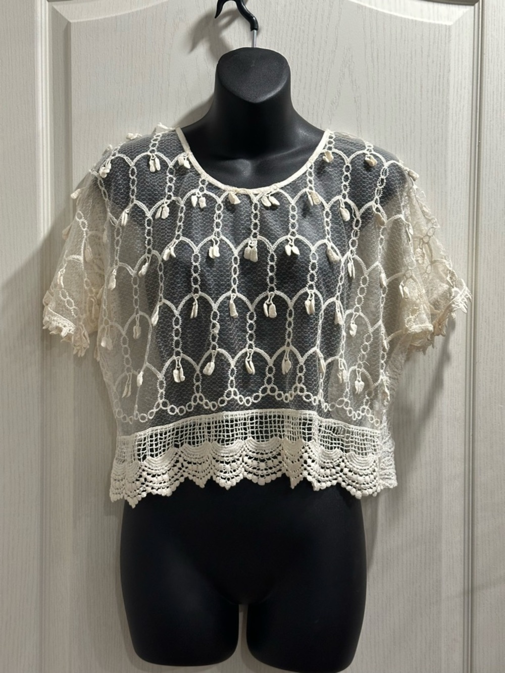 Cream Crochet Lace Sheer Crop Top/ festival layering piece coquette